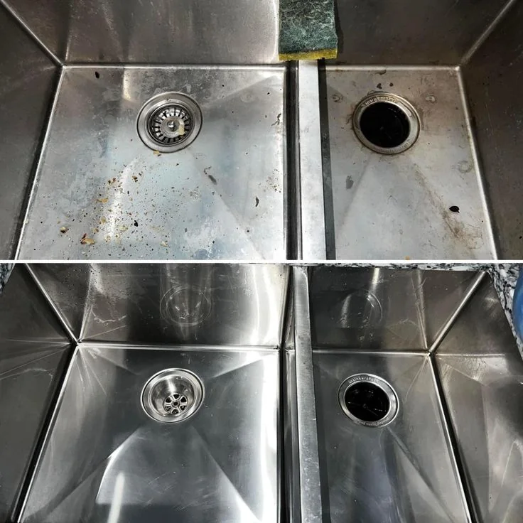 Stainless steel sink before and after cleaning