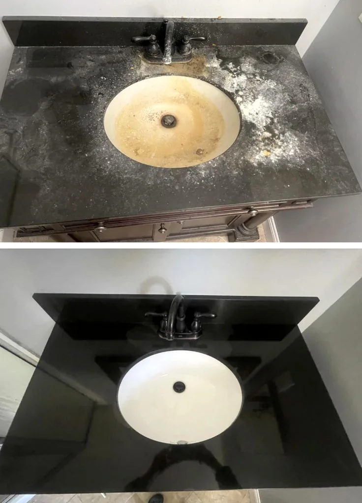 Bathroom vanity before and after a deep clean